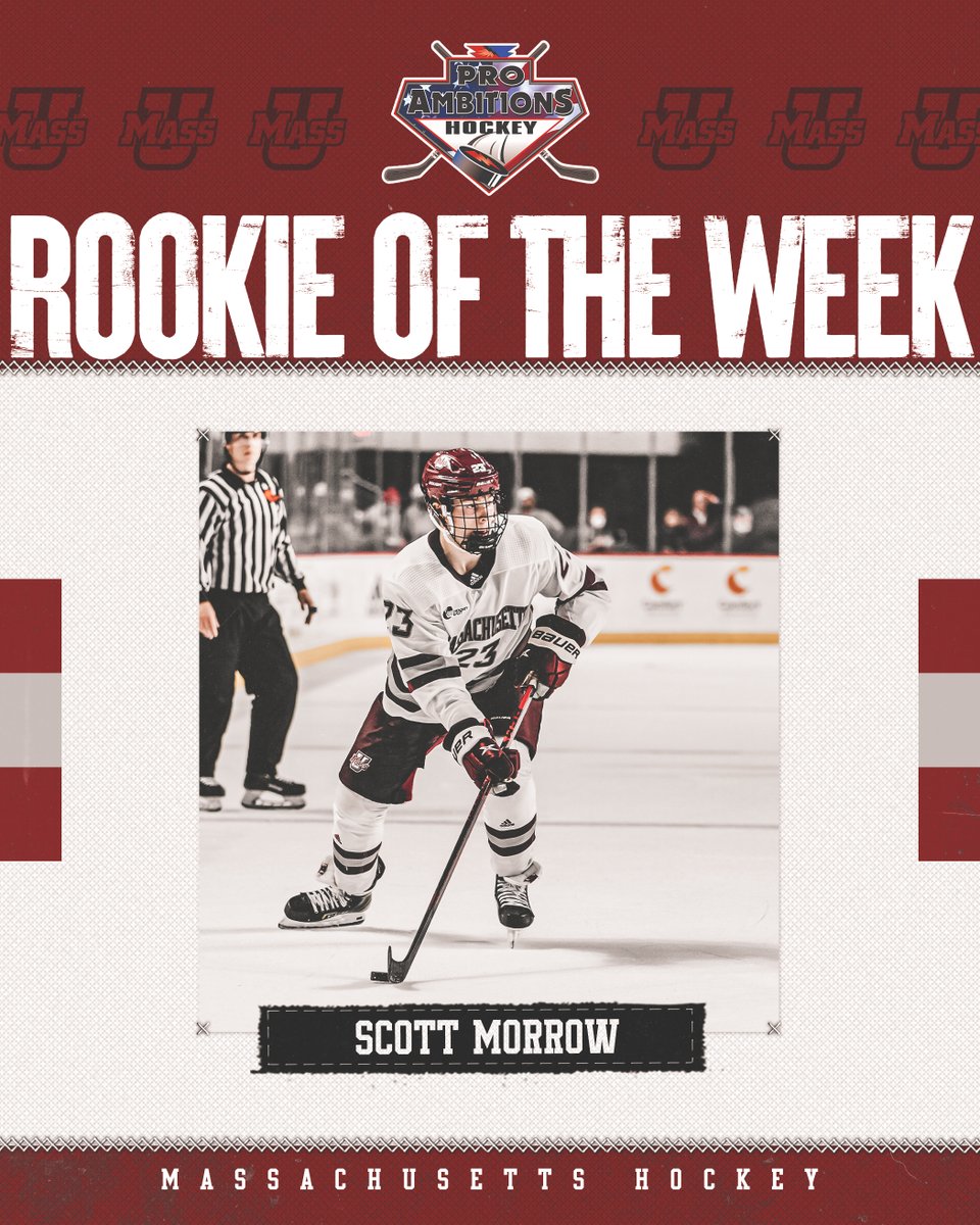 UMassHockey's tweet image. After scoring his first collegiate goal in OT on Saturday, while adding an assist for his first career multi-point game, @Scott23Morrow has been named the @hockey_east Rookie of the Week 👊

#NewMass X #Flagship🚩