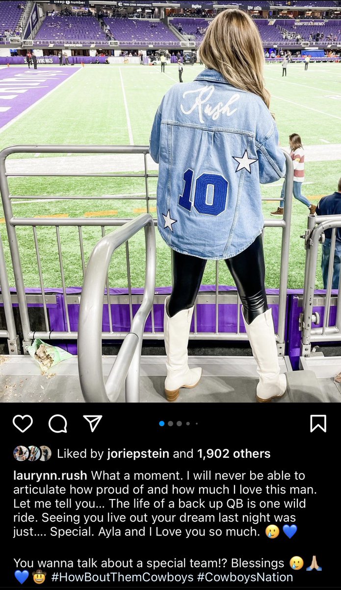MikeLeslieWFAA's tweet photo. Cooper Rush’s wife Laurynn posted this on her Instagram last night, in a fit of joy after watching her husband do the unexpected.

What a cool moment for the entire Rush family. https://t.co/BVMlkj4Dk1