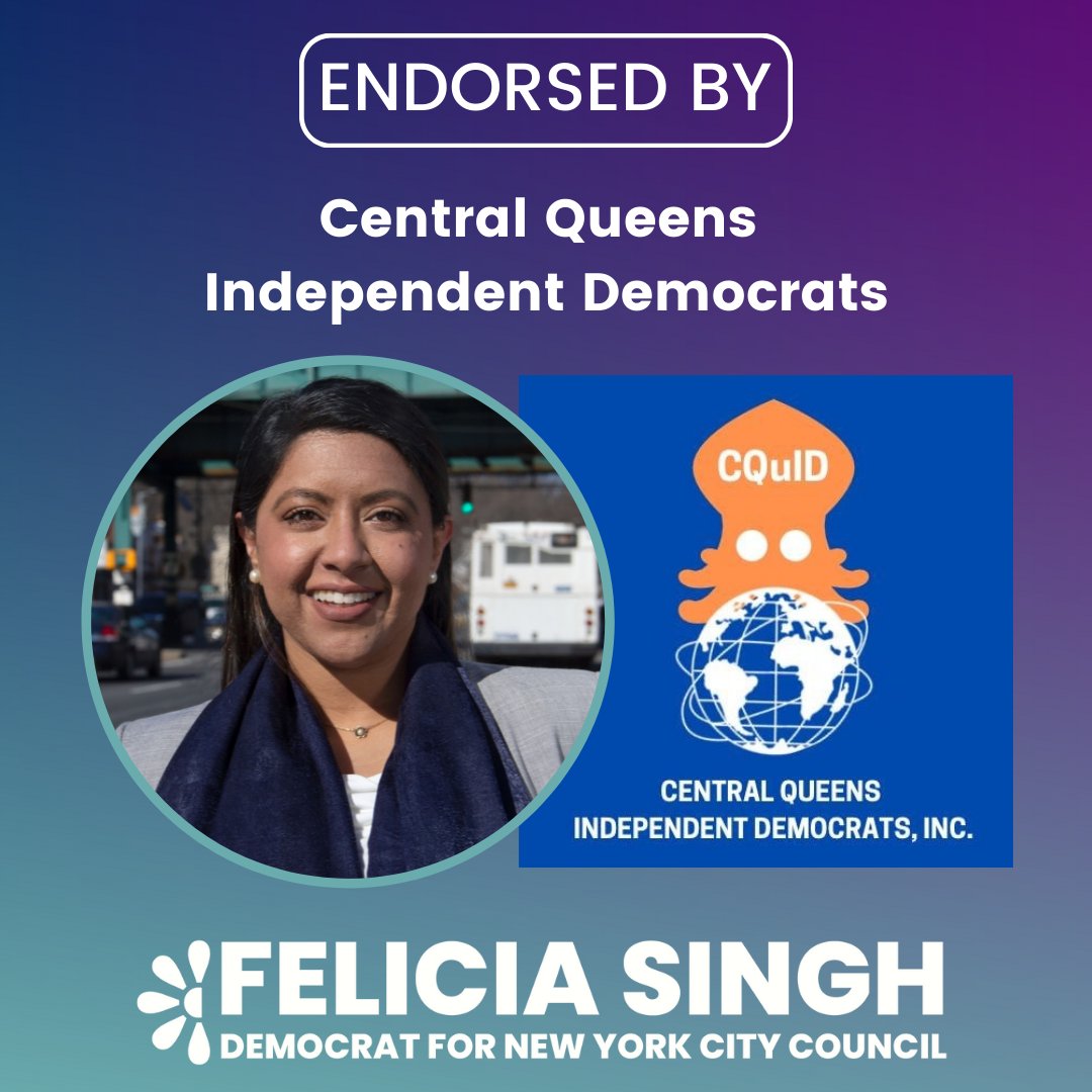 FeliciaSinghNYC's tweet photo. Thrilled to be endorsed by Central Queens Independent Democrats!
"Democratic Party club focused on fighting for racial and economic justice, and grassroots democracy." @CQUID718 https://t.co/pwqfGbNVLD