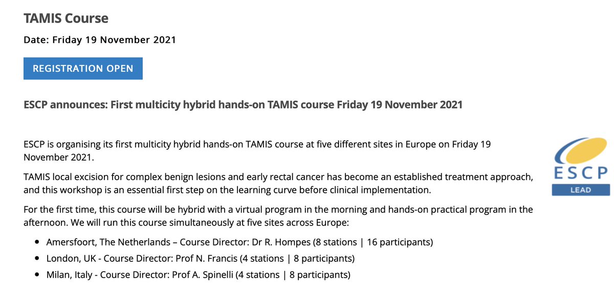 AntoninoSpin's tweet photo. @escp_tweets is organising its first multicity (Amsterdam, London, Milano) hybrid hands-on TAMIS course at five different sites in Europe on Friday 19 November 2021.

https://t.co/ZOsNoKNZAM

Few places available in @HumanitasMilano @HumanitasCRS!!! https://t.co/eKayWeVcF7
