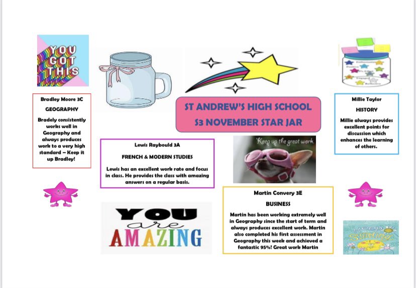 s3_strive's tweet photo. πNOVEMBER S3 STAR JAR WINNERS π S3 teachers @StAndrewsHS are delighted with the progress of these amazing pupils in their chosen subjects. You should all be very proud. π We will deliver your treat tomorrow! ππ #S3striveforsuccess https://t.co/DfsHGehQkh