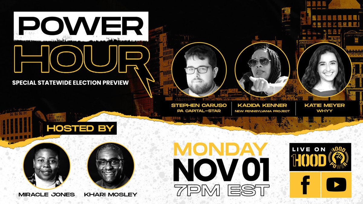 1HoodPower's tweet photo. Tonight we are joined by @PennCapitalStar's @StephenJ_Caruso, @NewPennsylvania's @kadidakenner &amp; @whyy's @katieemeyer4 for a statewide perspective on Tuesday's election. #VoteNov2 #PowerHour https://t.co/AiZTUXtANT