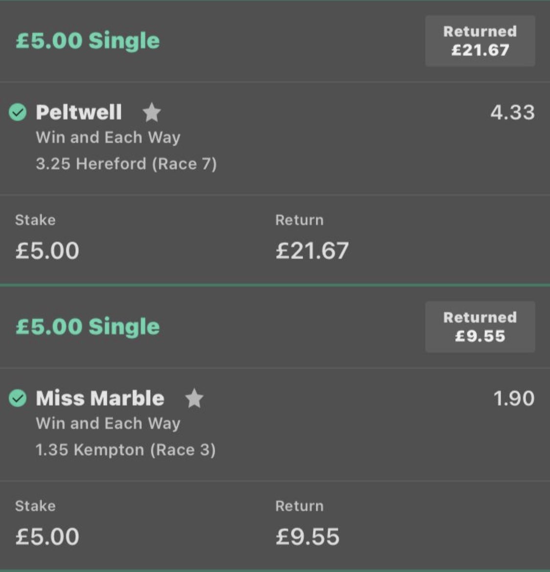 Another good day today 2 🐎 wins and a ⚽️ win 🤑

DM me ASAP to get involved 👍🏻

♦️DM for more details 📩
♦️All bets sent via WhatsApp daily 📲 
♦️Over 18s only 🔞 Gamble Aware ⚠️