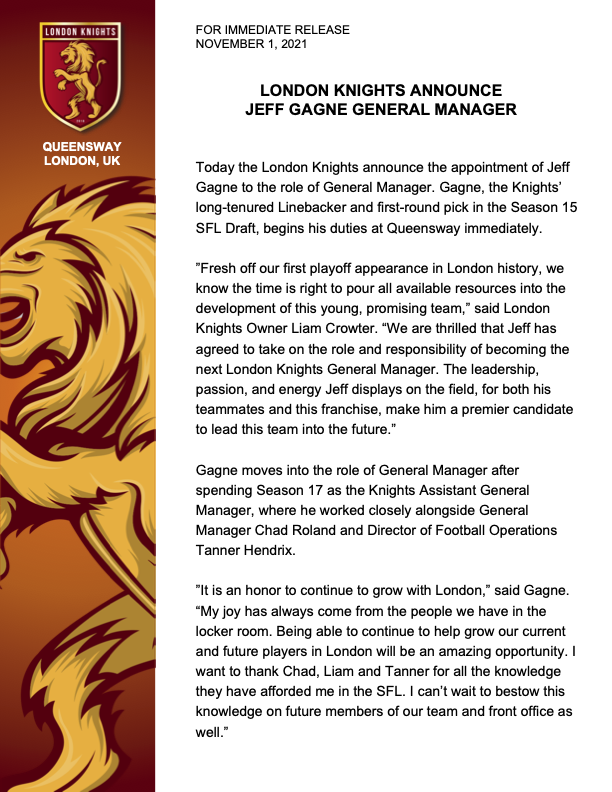 SFLLondon's tweet photo. Breaking News from Queensway! Assistant General Manager Jeff Gagne (@GAGNE92) announced as new London Knights General Manager. 🛡⚔️ #HonorTheCode #GoKnightsGo #GeneralGagne https://t.co/SJ8qBkBBBw