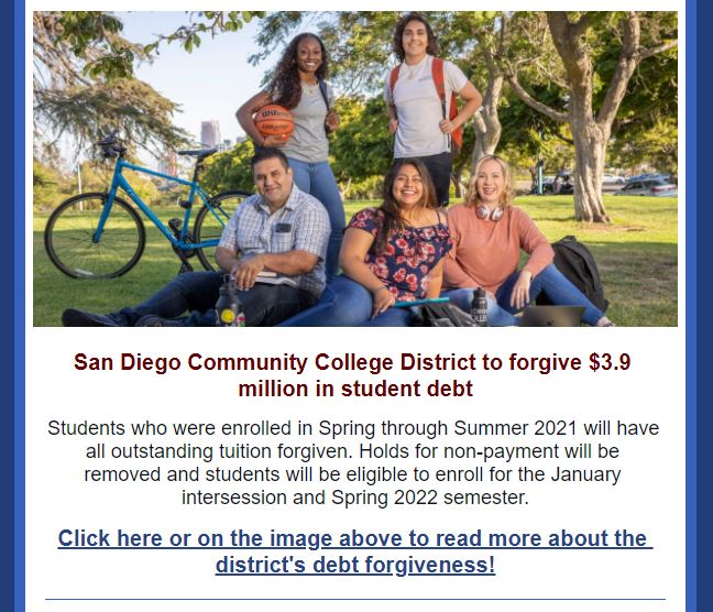 sdmesajourneys's tweet photo. Issue #17 of the MJ Newsletter is out!!
Did you know that Mesa is forgiving student debt based on tuition? Check out the newsletter to find out more as well as learn about cool events and opportunities on campus like the Homecoming game, and scholarships!
https://t.co/cUEOivO6jt https://t.co/O9qvy3lfYK
