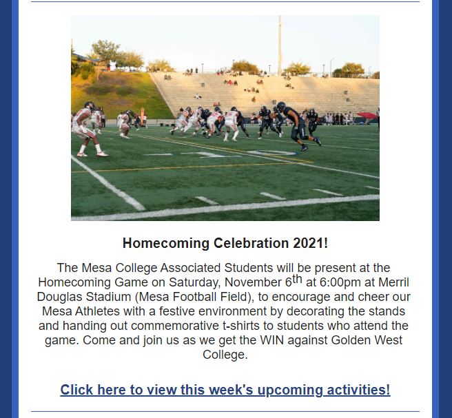 sdmesajourneys's tweet photo. Issue #17 of the MJ Newsletter is out!!
Did you know that Mesa is forgiving student debt based on tuition? Check out the newsletter to find out more as well as learn about cool events and opportunities on campus like the Homecoming game, and scholarships!
https://t.co/cUEOivO6jt https://t.co/O9qvy3lfYK