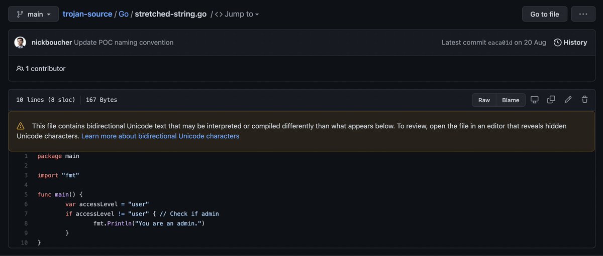 dreadcode's tweet photo. Pretty cool that @github warns about the use of bidirectional unicode text in source code! Nice feature https://t.co/BNL01V5VGh