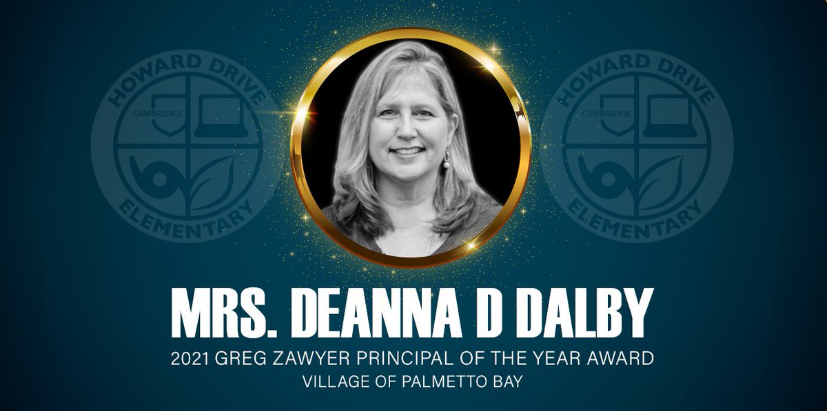 HowardDrivePTA's tweet photo. Congratulations to our principal, Mrs. Deanna D. Dalby, who tonight receives the 2021 Greg Zawyer Principal of the Year Award! Thank you for your 17 years legacy at #HowardDriveElementary Mrs. Dalby, and thank you @PalmettoBayVlg for recognizing such legacy. https://t.co/pghOu4EJS1