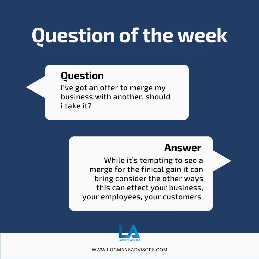 LocmansAdvisors's tweet photo. When involved in any type of merger or acquisition, there are many things to keep top of mind, with a Locmans Advisor, you can brainstorm any potential issues with costs or cultural conflicts, or the #impact on #customers, #cashflow &amp; #profit allocation. https://t.co/nI5qXos5C3 https://t.co/V3JavK6qlB