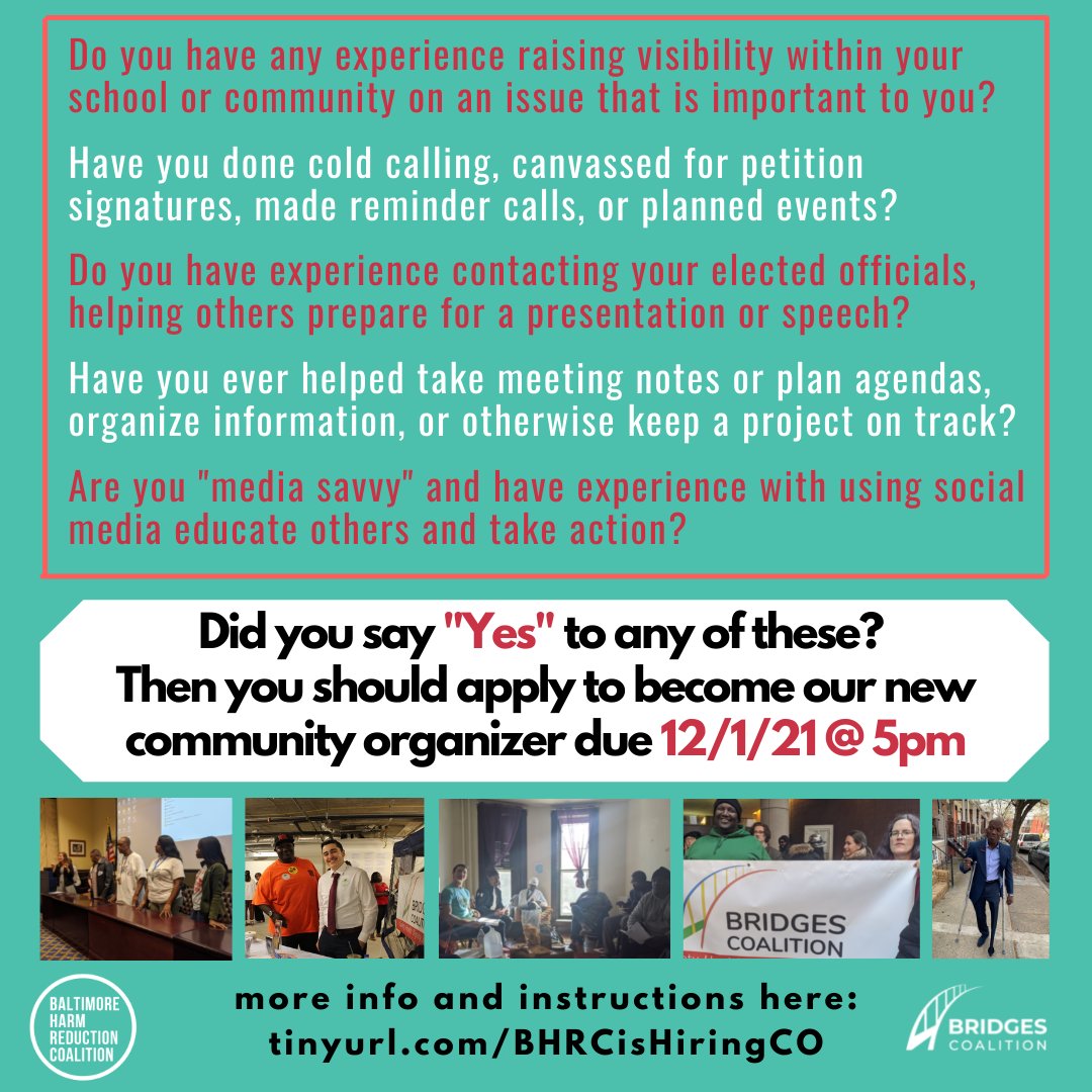BmoreHRC's tweet photo. We will be accepting applications for our community organizer position through December 1st until 5pm EST. 

Check out https://t.co/RnrKIACNMq for instructions and more info. Tell your friends and share widely! 

#HarmReduction @bridges4OPS #Yes2SCS https://t.co/ZbPEP4Zm2l