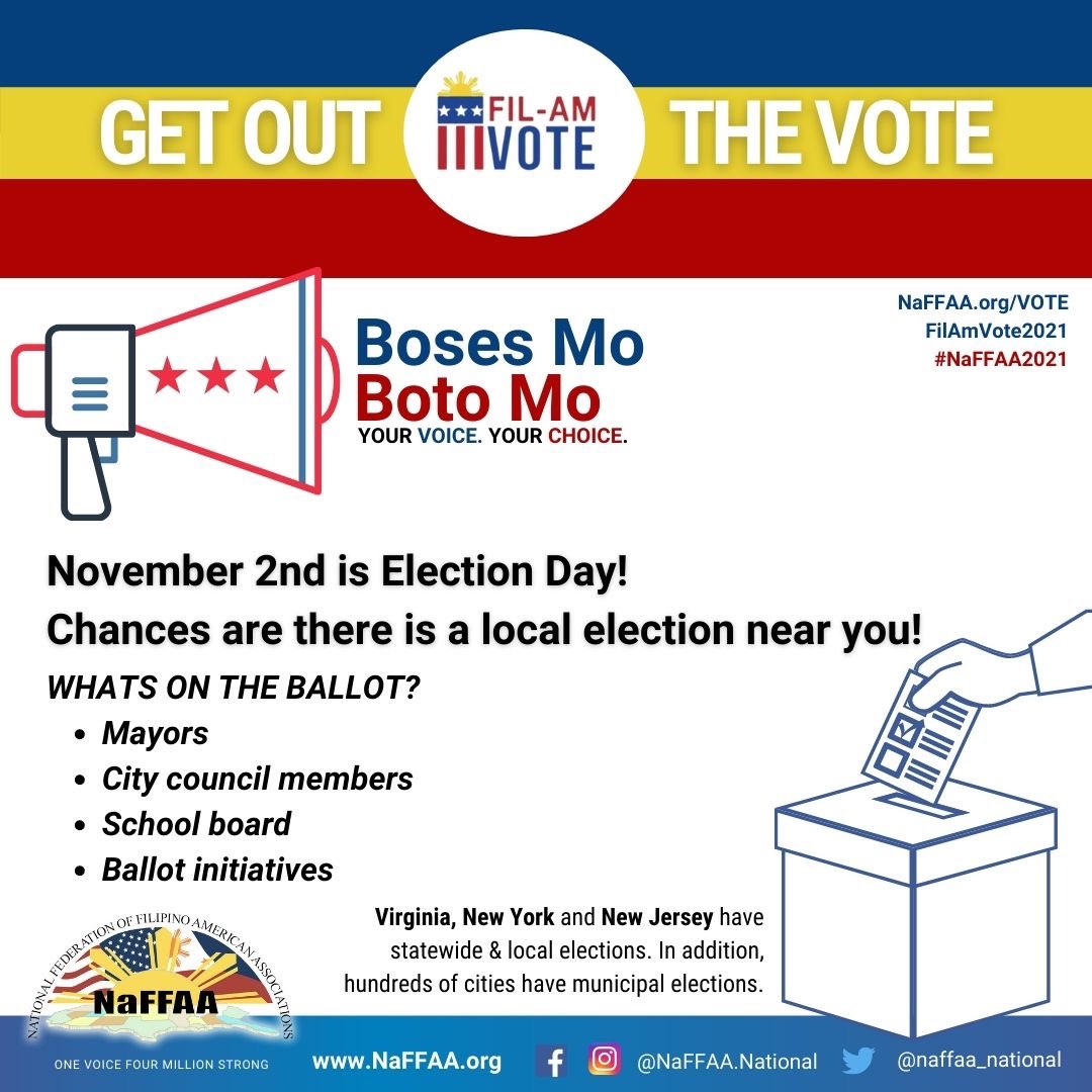 NaFFAA_National's tweet photo. Itโs time to speak up and write your choice . If you live in New Jersey, New York or Virginia, show up at the polls! #yourvoice #yourvote #bosesmobotomo #naffaa2021 #filamvote #naffaaserves https://t.co/QV0Dqic8Hc