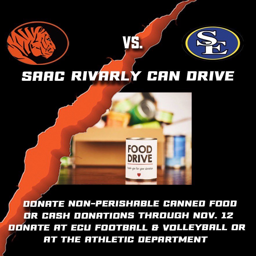 ECUTigersWBB's tweet photo. East Central vs. Southeastern can drive! Help SAAC by donating non-perishable canned food by Nov. 12th.
#GoTigers x #BeatSoutheastern https://t.co/sgiIPXwvy8