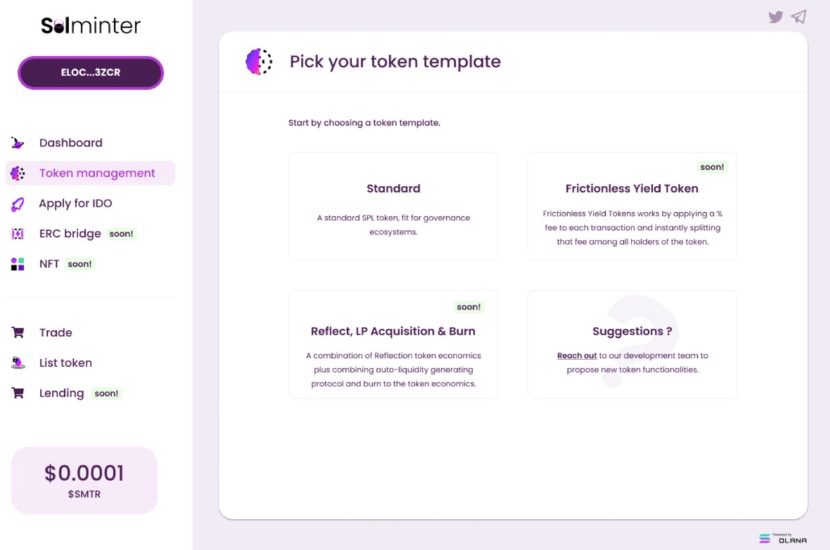 sefa_ai's tweet photo. 6⃣  
📌Token Templates — Off-the-shelf SPL token functionalities, simply pick what you want your SPL token to do and deploy on-chain.

Token Templates are :

    • Standard

    • Frictionless Yield Token 

    • Reflect, LP Acquisition &amp; Burn 

#bhsolminter #solminter https://t.co/sAsRKUI51O