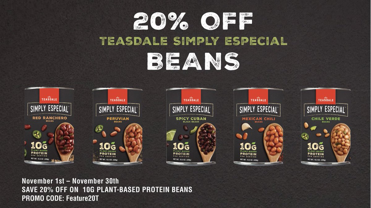 SimplyEspecial's tweet photo. This month we're so thankful for our 10G of Plant-Based-Protein beans, that we offering 20% off all month long. Use Promo code Featurea20T check out. Shop at https://t.co/bxw6ewaTxo

#sale #10gplantbasedproteinbeans #beans #teasdalesimplyespecial #plantbasedfoods https://t.co/ZsqmJxe5iH