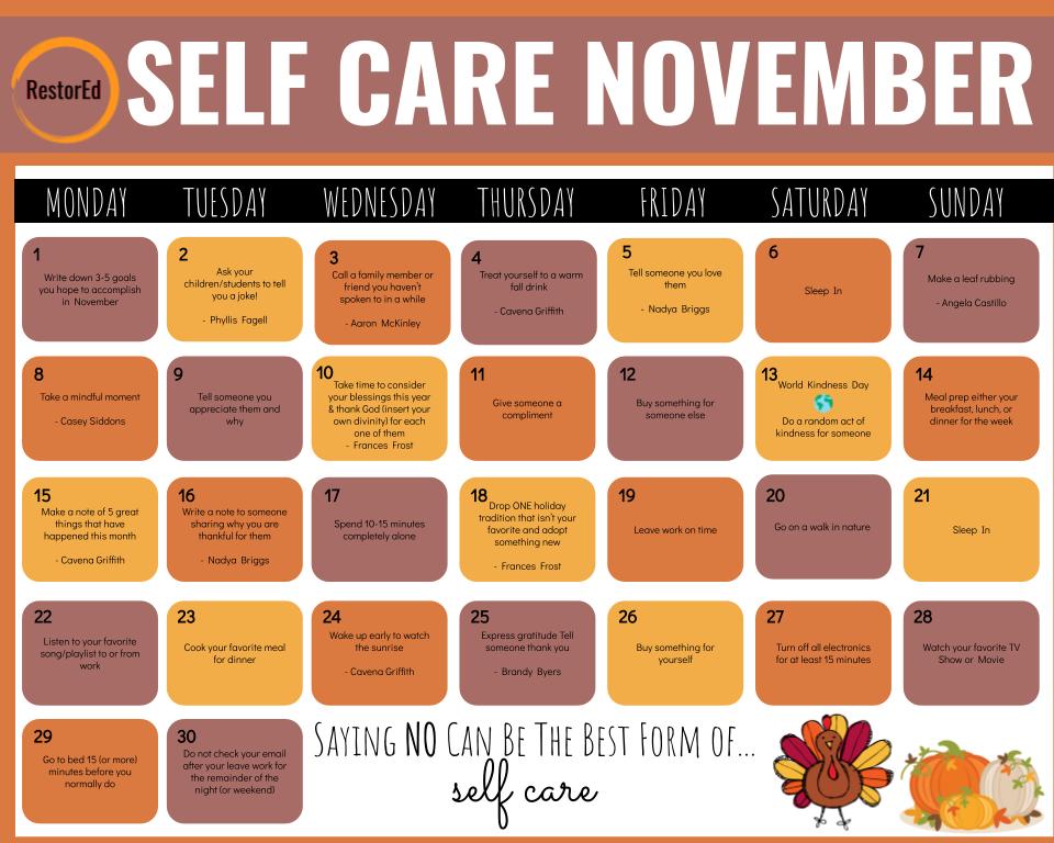 MrMarconi_MCPS's tweet photo. #SelfCare November🗓️is here! Shout-out to @Pfagell @DrewES_AP @CavenaGriffith @NadyaBriggs @FlowerValley_AP @CHSiddons @francesfrost/@FFengagefamily @byers_brandy for contributing this month! #RestorativeJustice #RestorativePractices Saying no can be the best form of self care! https://t.co/WmjK3LHAUS