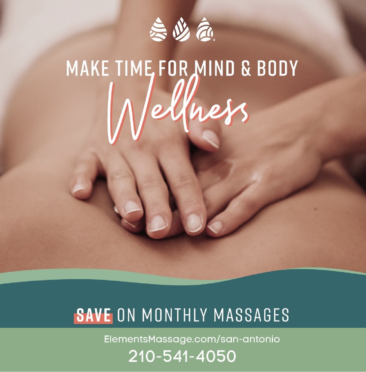 ElementsSATX's tweet photo. Make time for your mind and body with a therapeutic massage. It's a form of self-care and will improve your overall well-being. Book your massage 210-541-4050 https://t.co/IyzLTK95J7