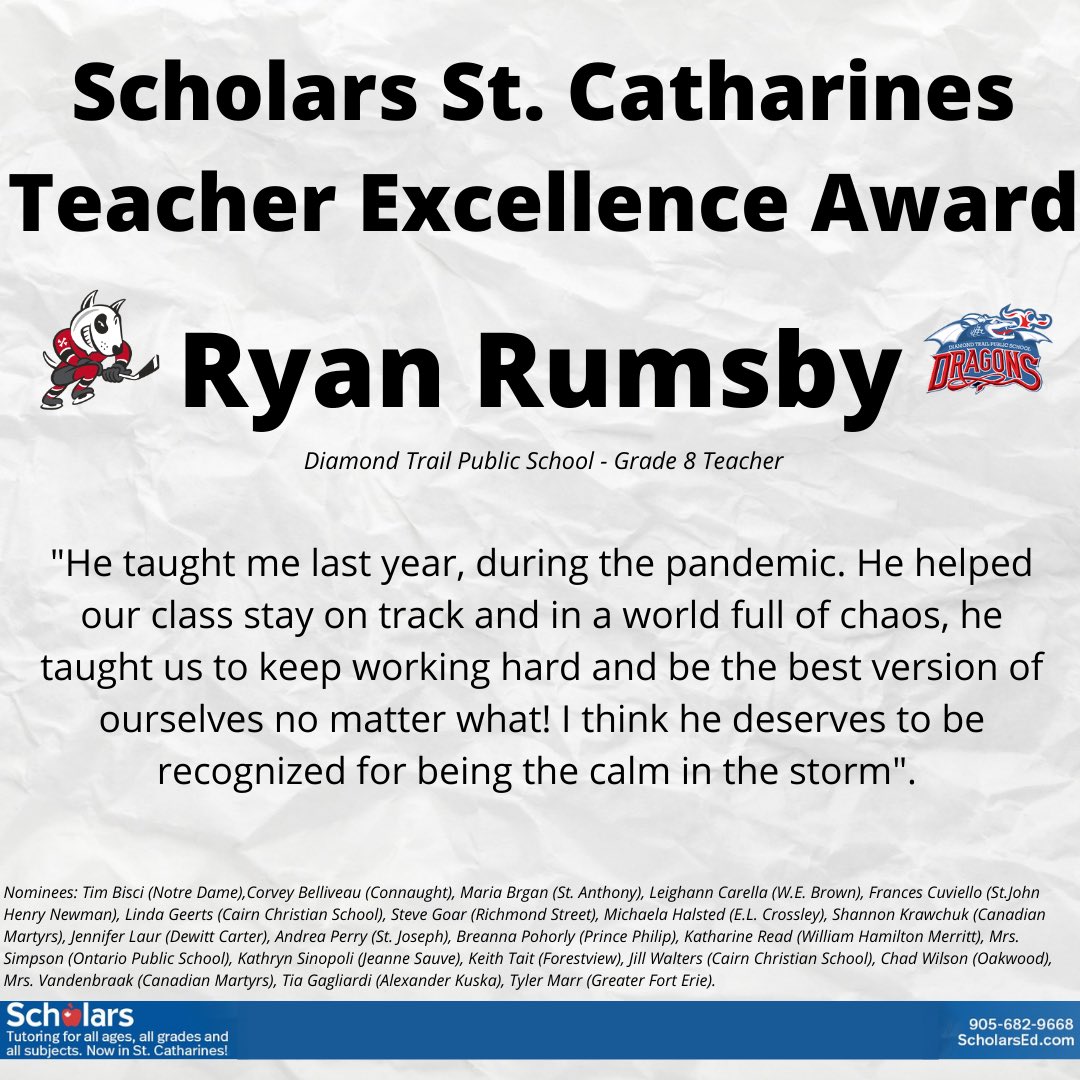 The winner of the Scholars Teacher Excellence Award for October is Ryan Rumsby! 

Ryan is a grade 8 teacher from Diamond Trail public School and was nominated by his students.

You can nominate a teacher for November now! niagaraicedogs.net/scholars-st-ca…