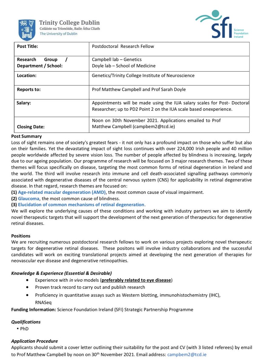 Matthew Campbell (@mattcampbelltcd) on Twitter photo We’re recruiting postdocs to my lab and <a href="/SDoyleTcd/">Sarah Doyle</a> lab! If you’re interested in translational vision research, please see below. Join us! <a href="/tcddublin/">Trinity College Dublin</a> We’re recruiting postdocs to my lab and <a href="/SDoyleTcd/">Sarah Doyle</a> lab! If you’re interested in translational vision research, please see below. Join us! <a href="/tcddublin/">Trinity College Dublin</a>