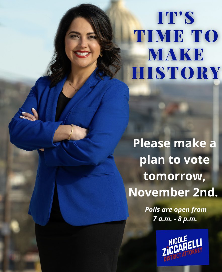 We need your support tomorrow! The polls are open from 7 a.m. to 8 p.m. It’s time for a new District Attorney for a new era. #nextda #niczic #westmorelandcounty #madamda