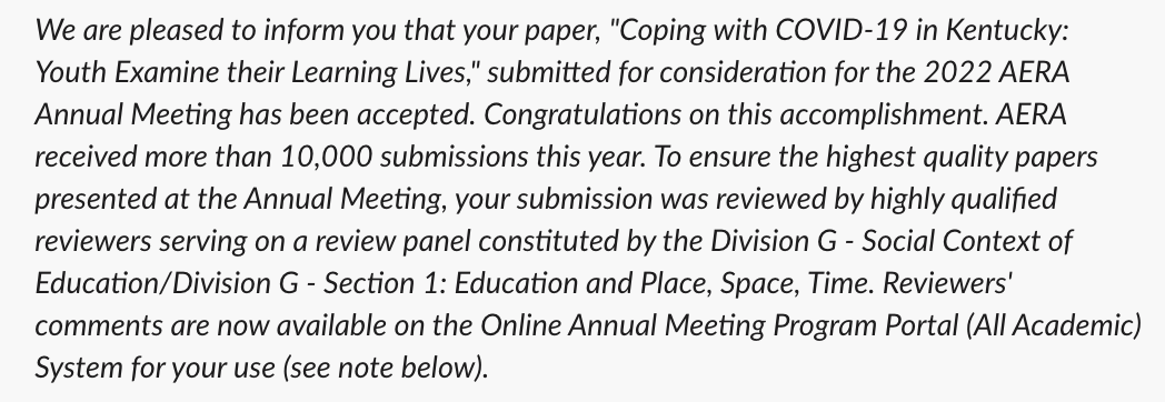 KYStuVoiceTeam's tweet photo. Tweeting this news from rooftops: Our Coping w Covid research paper was just accepted--out of 10K submissions--to the 2022 American Ed Research Conference! More proof that KY youth centering #stuvoice &amp; #edquity are serving as serious ed research partners. #UnitedWeLearnKY https://t.co/wjmHB8kPF0