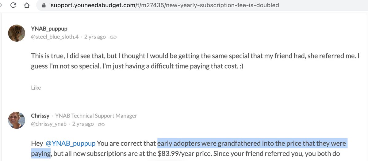keith204's tweet photo. @ynab @BrianMcLain15 @BrianMcLain15 @ynab This confusion is frustrating.  I've always thought the $45/year was the grandfathered price, rather than a discount.  Digging into the internet, there's fairly consistent communication from YNAB that the price is what's grandfathered. https://t.co/kpCESQxlbY