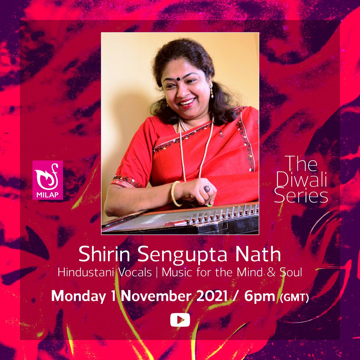 milapfest's tweet photo. #TheDiwaliSeries Premiere - 6PM (GMT) TONIGHT!

The first of the concerts will be  internationally acclaimed #Hindustani Classical Vocalist from #Kolkata, Smt. @shirinsengupta Nath

Join us online at 6pm here: https://t.co/sToWp4Klod

#Diwali #Diwali2021 #indianclassicalmusic https://t.co/ZlH6GdGr4y
