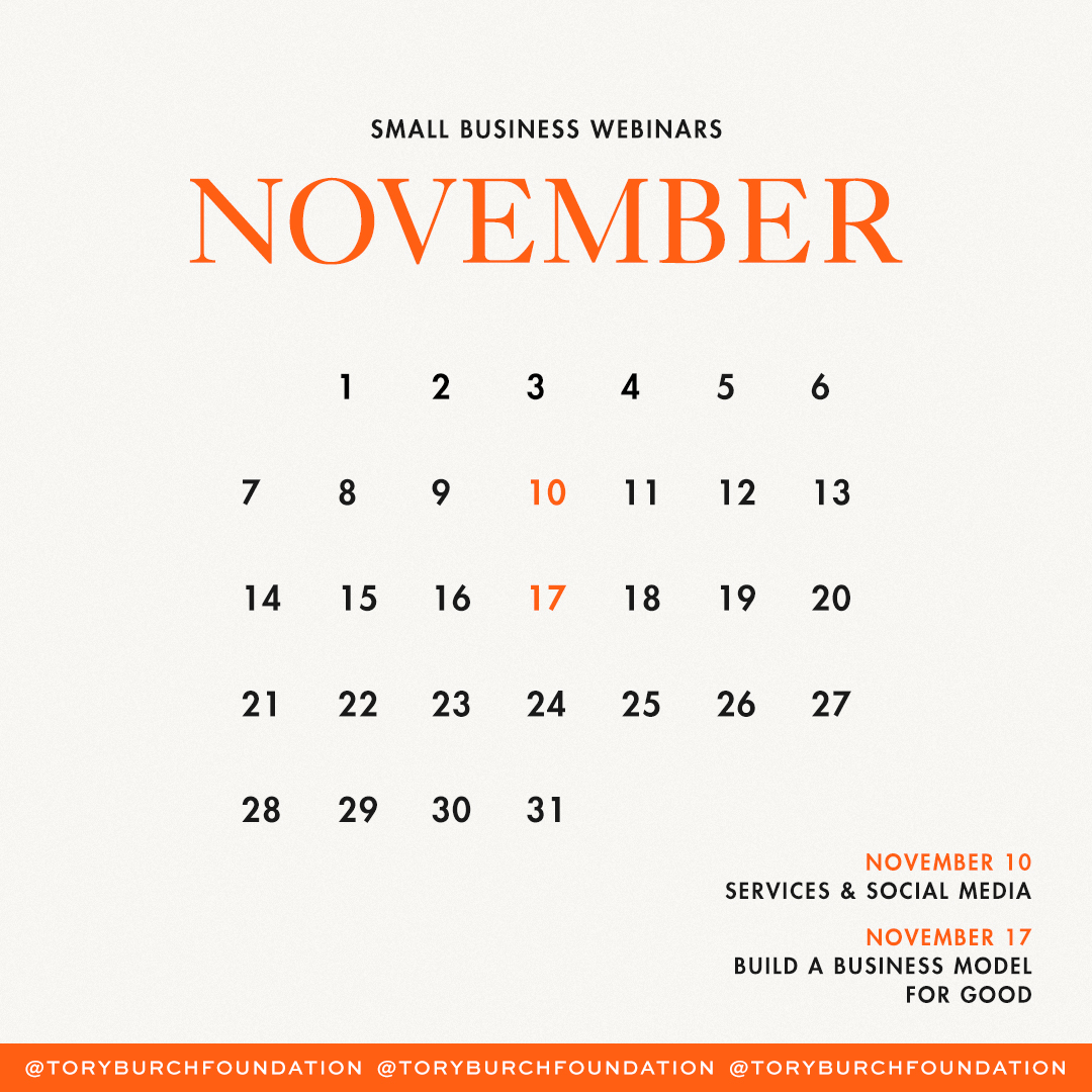 Register for this month’s small business webinars on leveraging social media as a service-based business and designing business models with efficiency and social impact in mind.
events.toryburchfoundation.org/toryburchfound…