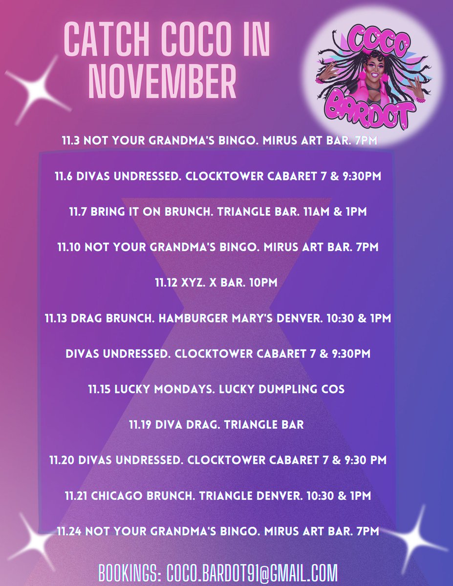 cocobcunty's tweet image. November gigs you can catch me at!!! 

#staybooked
