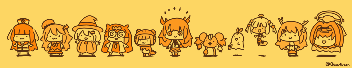 multiple girls 6+girls chibi horns halo hat yellow background  illustration images