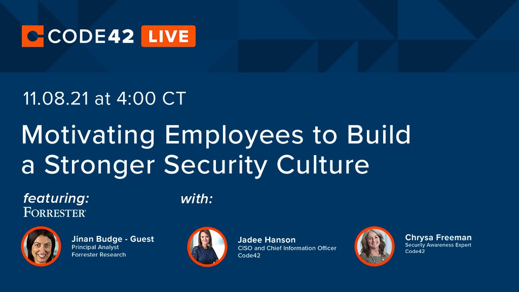 code42's tweet image. Start seeing your employees as the solution to protecting your organization, not the problem. On the next #Code42Live - guest speaker @forrester Principal Analyst @JinanBudge joins @jadeehanson &amp;amp; Chrysa Freeman of @code42. 11/8/21 at 4:00pm CT.