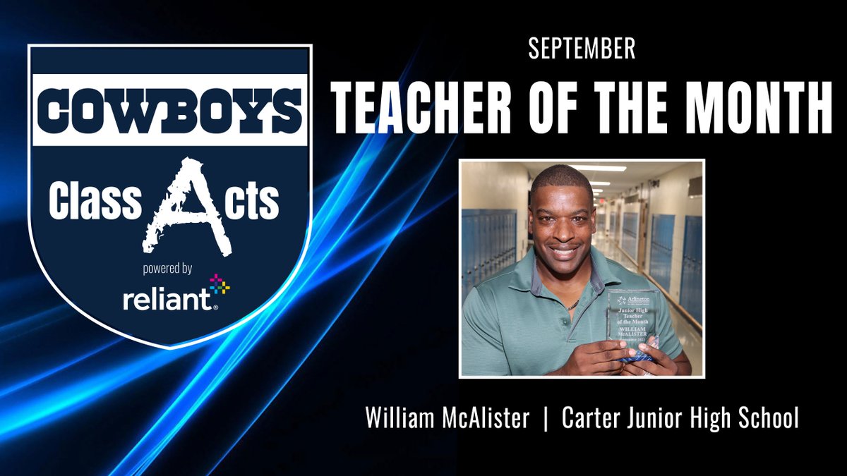 ⭐️Congratulations to Mr. William McAlister from Arlington ISD for being recognized as the September Teacher of the Month.⭐️

Mr. McAlister is our first teacher to be honored as a part of our #ClassActsProgram powered by @reliantenergy   for his tremendous!

#ReliantGives