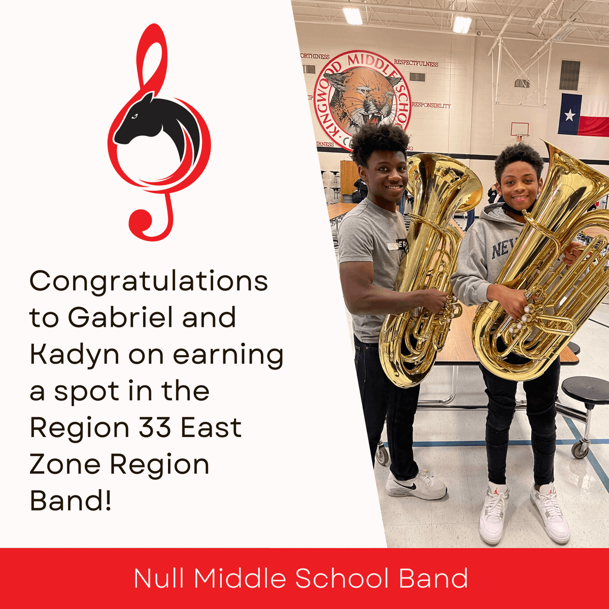 BandNull's tweet photo. Congratulations to Gabriel and Kadyn for earning a spot in the Region 33 East Zone Region Band! They will perform in the Region Band Concert at Galena Park HS on 11/6/21!  #soundofthestallions #nullband #nullmsband #regionband https://t.co/eAE9VCNbKK