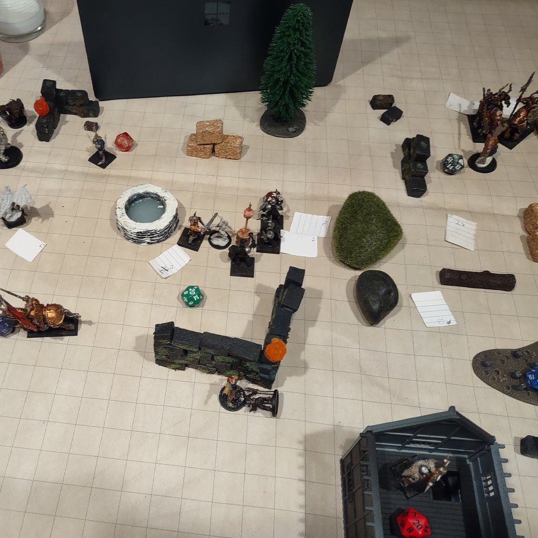 This was a fun scenario. The town the PCs were in was attacked! They came upon the scene to find the evil army killing innocent civilians. Each dice on the table represented a pocked of people to be saved. Not only did the PCs have to kill the invaders, they have to do it quick.