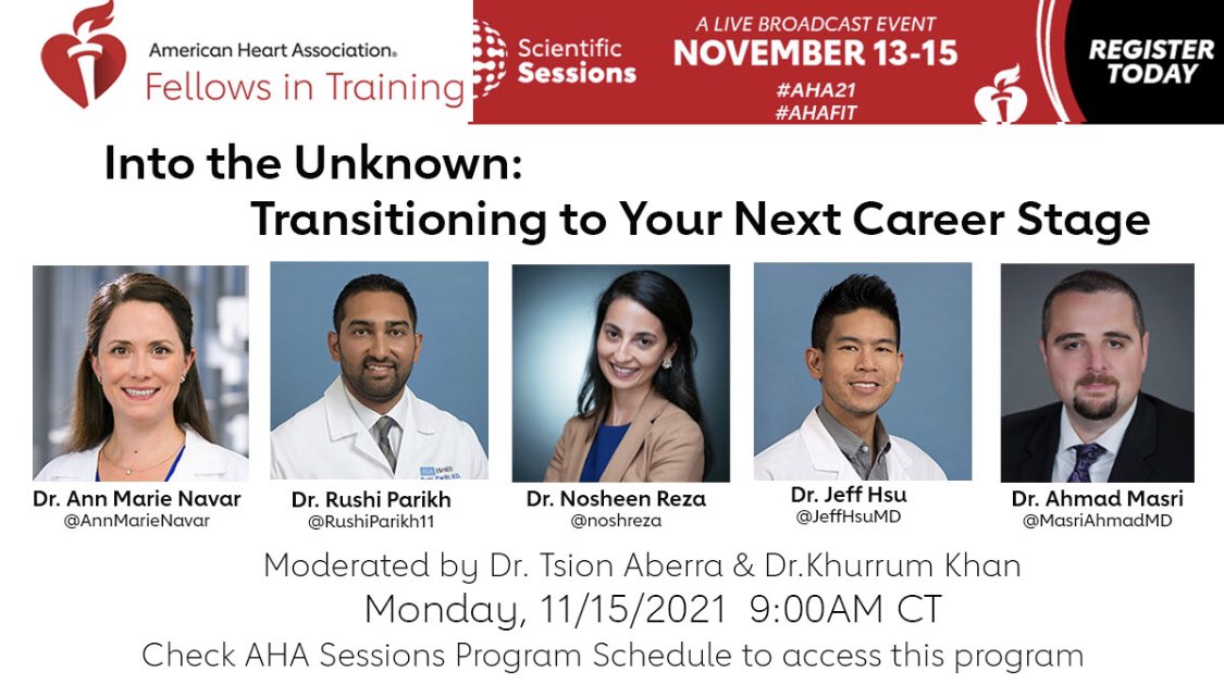 Super excited to co-moderate this timely discussion on early career for #AHAFIT by a ⭐️star-studded panel @AnnMarieNavar @rushiparikh11 @noshreza @JeffHsuMD @MasriAhmadMD at Sessions 21!  #AHA21 @AHAScience  Register to access:  bit.ly/AHASess21