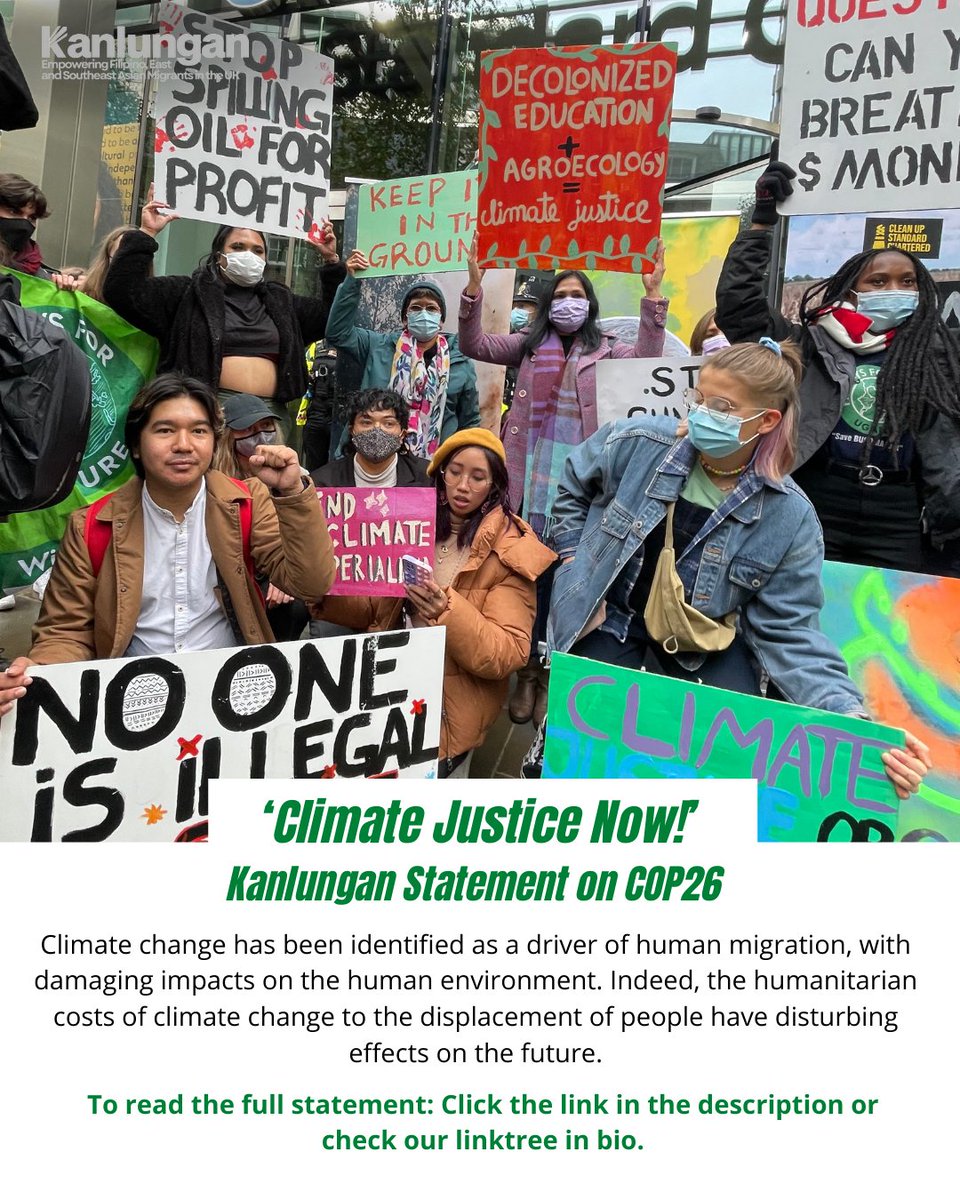 kanlunganuk's tweet photo. ‘Climate Justice Now!’
In service of the Filipino, Southeast and East Asian migrants in the UK—supports and amplifies the voices of vulnerable communities who are faced with the damaging impacts of the climate crisis. Full statement: https://t.co/vlh3xfO6YQ #COP26 https://t.co/CckmU9wDZb