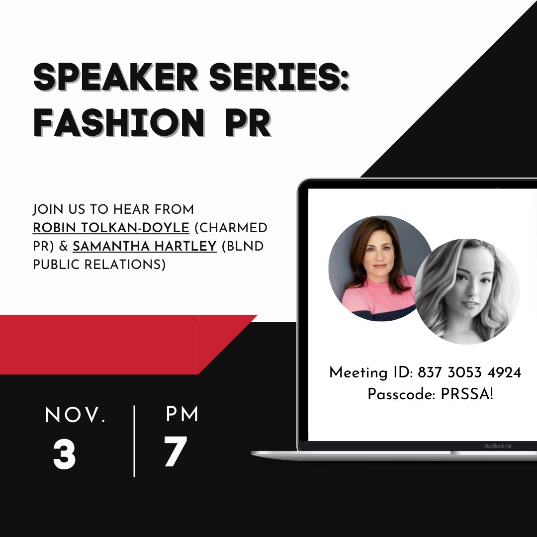 We're kicking off the month of November with some fashionistas in the PR field! 💁‍♀️Join us this Wednesday at 7 pm to hear from Robin Tolkan-Doyle and Samantha Hartley and get a glimpse of what PR is like in the fashion world. 👗🧥 

#CSUN #PRSSA #PublicRelations #Fashion #Fall2021