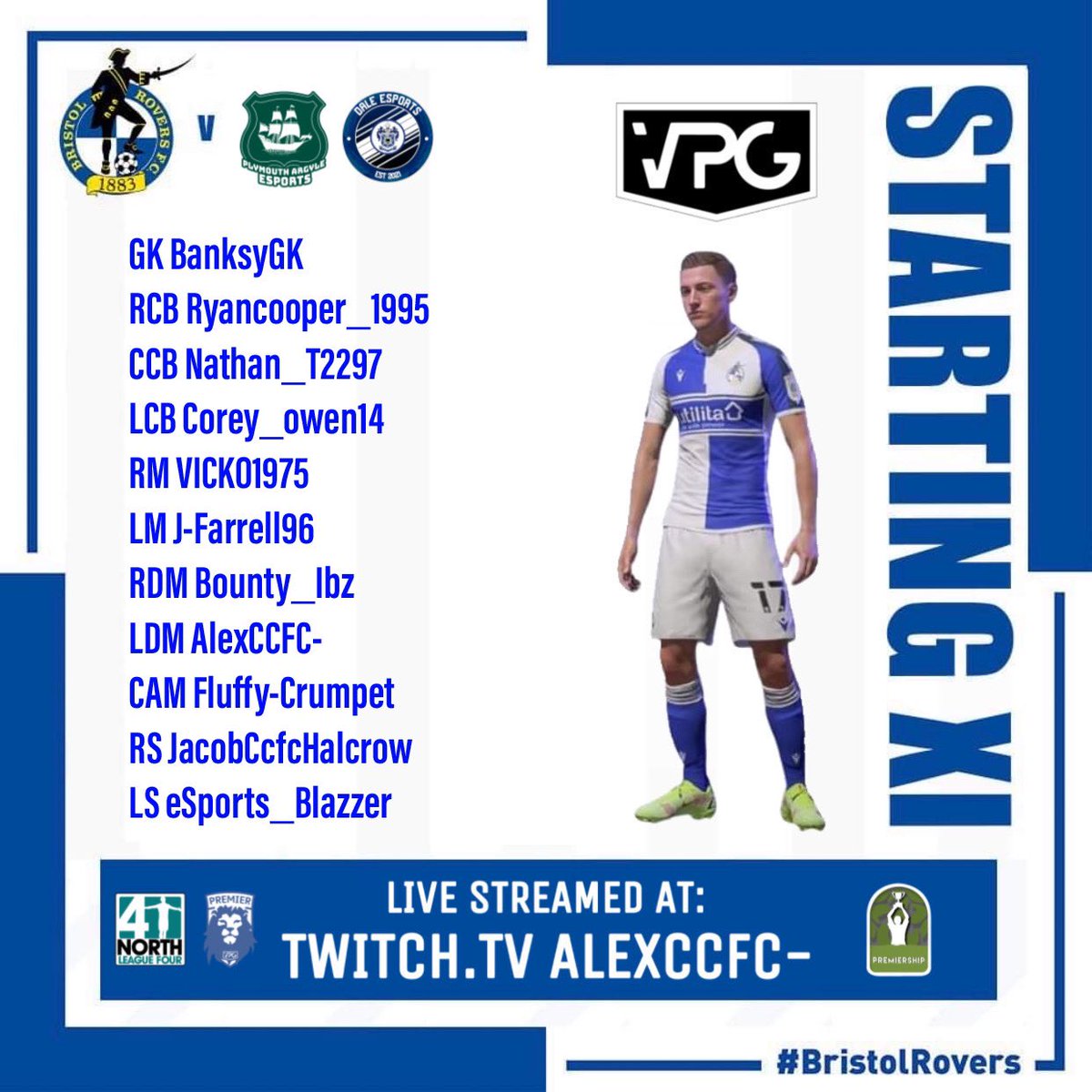 BRFCeSports1's tweet photo. Bristol Rovers eSports 

🎽| Starting Eleven 

🏆| VPG L4 North - English Premiership 

📺| https://t.co/0GgHAbaNXF 

#BristolRovers #UpTheGas 🔵⚪️⛽️ @OfficialVPG @OfficialVPG @Official_BRFC https://t.co/9ILJq7OTc1