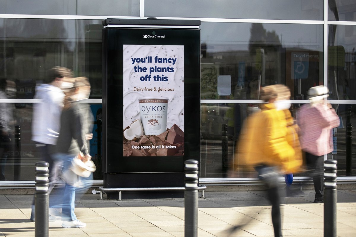 LauraLislecc's tweet photo. Just in time for #WorldVeganDay today, it’s brilliant to see this playful advert from @OykosUK promoting their new plant-based yoghurt on @clearchanneluk Sainsbury’s Live screens! Find out more about how plant-based brands can grow on #OOH here: https://t.co/3VbOz5YpKT https://t.co/yyYoLfeM2g
