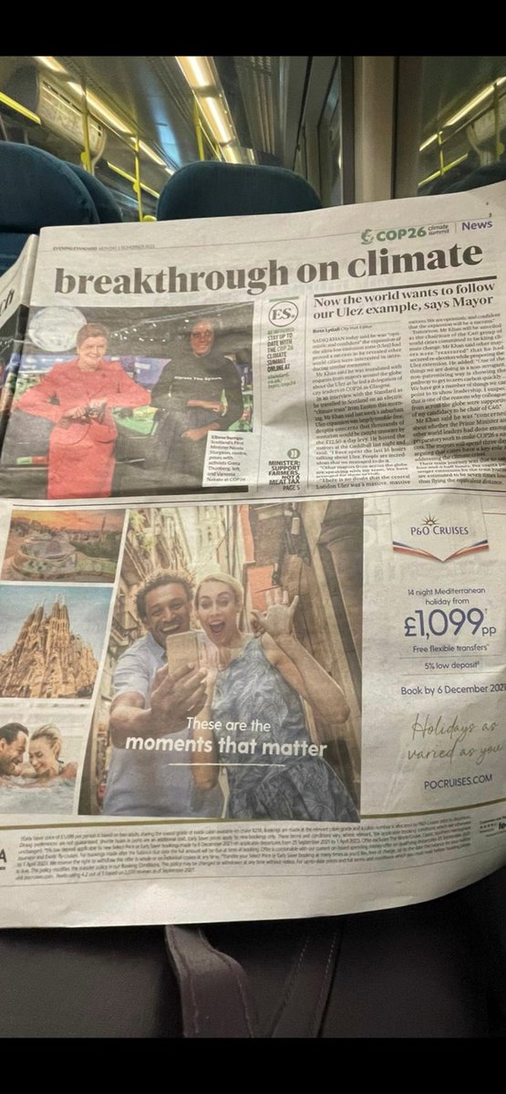 jacktgraham's tweet photo. In tonight’s @EveningStandard, an article about COP26 climate talks is accompanied by an advert for a cruise liner.

The largest cruise ships can have a carbon footprint greater than 12,000 cars. #COP26 #ClimateEmergency https://t.co/KBhqC6RmmK
