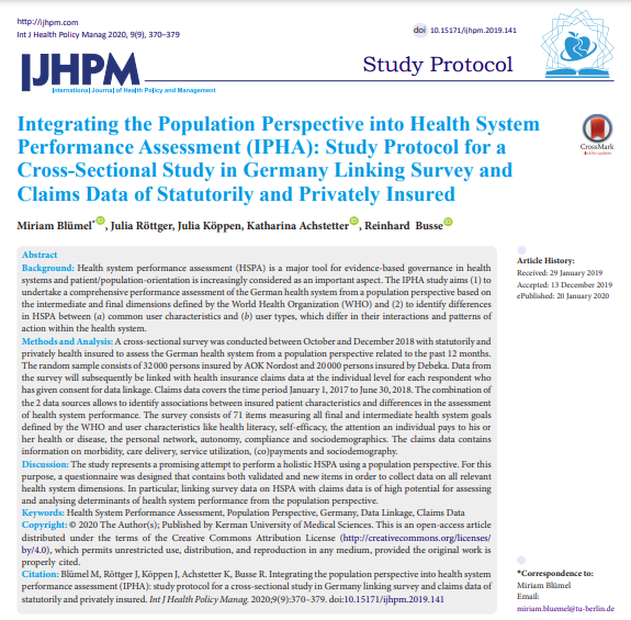 IJHPM's tweet photo. Integrating the Population Perspective into #HealthSystem Performance Assessment (IPHA): Study Protocol for a Cross-Sectional Study in #Germany Linking Survey and Claims Data of Statutorily and Privately Insured

https://t.co/iXnpl8FWBw

#IPHA #ClaimsData #IJHPM https://t.co/sLSZJQuh68
