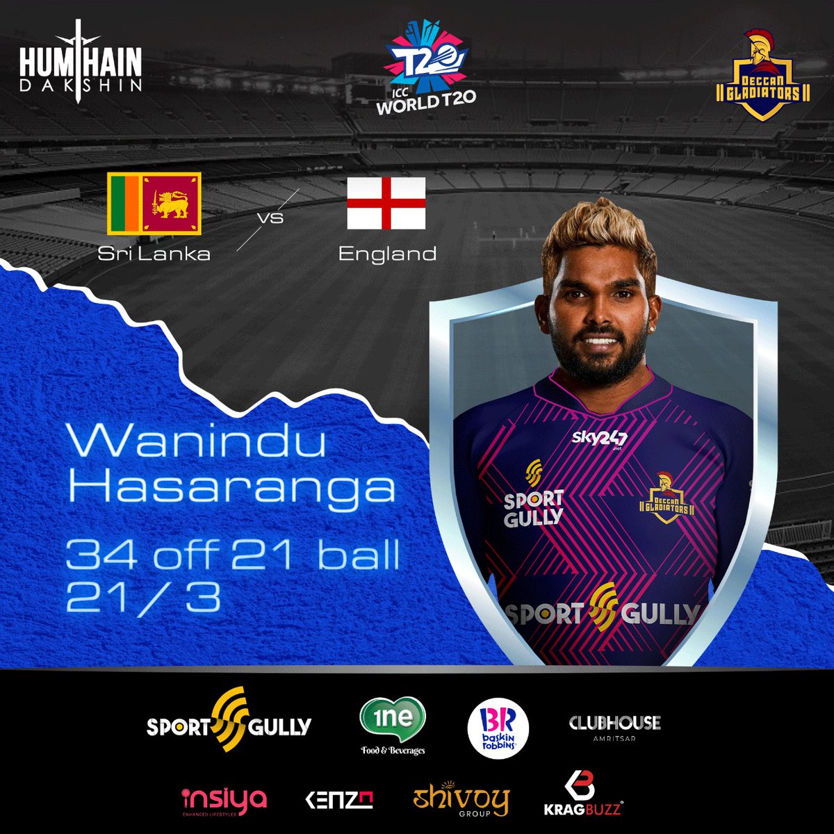 TeamDGladiators's tweet photo. Take a bow @WaninduH! 🙌
What a all-round performance by the #GladiatorPower! 😍🔥
@T10League #DeccanGladiators #WeAreGladiators #HumHainDakshin https://t.co/nIEivAJcTJ