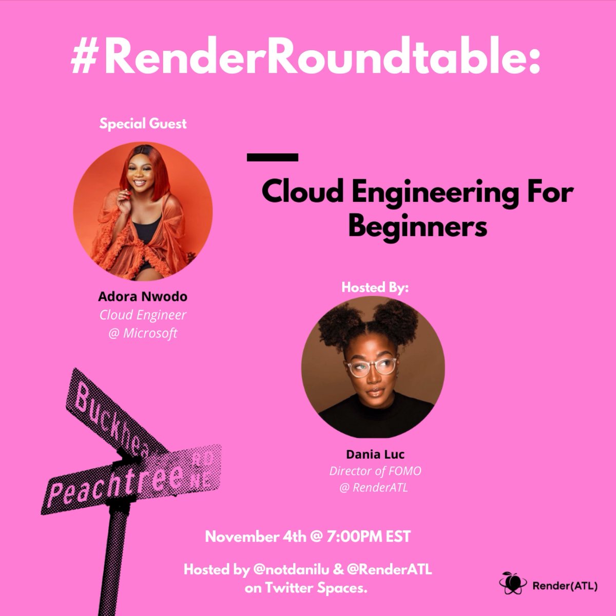 RenderATL's tweet photo. Happy Monday #RenderNation!
The #RenderRoundtable is officially back, and we’re kicking things off with the legendary @AdoraNwodo!
Tune in Thursday, November 4th @ 7:00pm EST on Twitter Spaces to talk about Cloud Engineering for Beginners 🥳
Don’t forget to tell a friend! https://t.co/3F1AK2xxrI