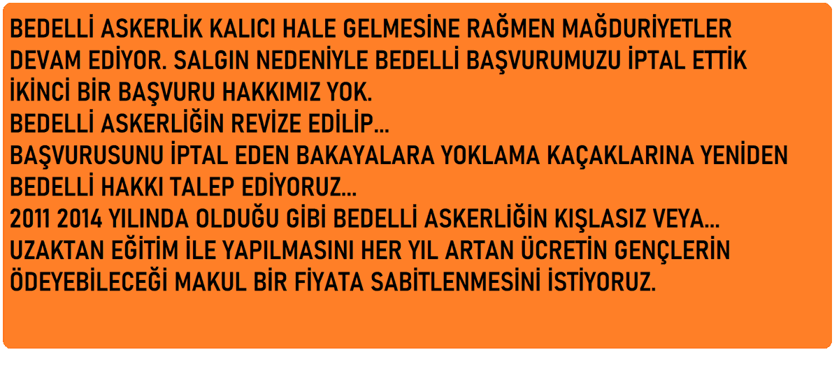Askerlik 12 ay iken Bedelli ücreti 18 Bin TL
Askerlik şuan 6 ay ücret 43 Bin TL zam geliyor.
İsteğimiz KIŞLASIZ BEDELLİ, MAKUL ÜCRET, YOKLAMA KAÇAĞI VE BAKAYA KALANLARA BEDELLİ HAKKI.
@yilmaz_ismet58
 
<a href="/OlcayKilavuz/">Olcay Kılavuz 🇹🇷</a>
 
<a href="/kayaismail80/">İSMAiL KAYA 🇹🇷</a>
 
<a href="/refik_ozen16/">refik ozen</a>

 #SnKayaBedelliAçıkla