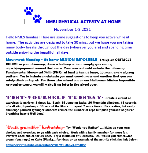 NMESPhysEd's tweet photo. Monday- Wednesday NMES Phys Ed! Tag us in your photos or videos completing the activities!  @lee_mac822 @nmes_community https://t.co/veIFpUxWSt