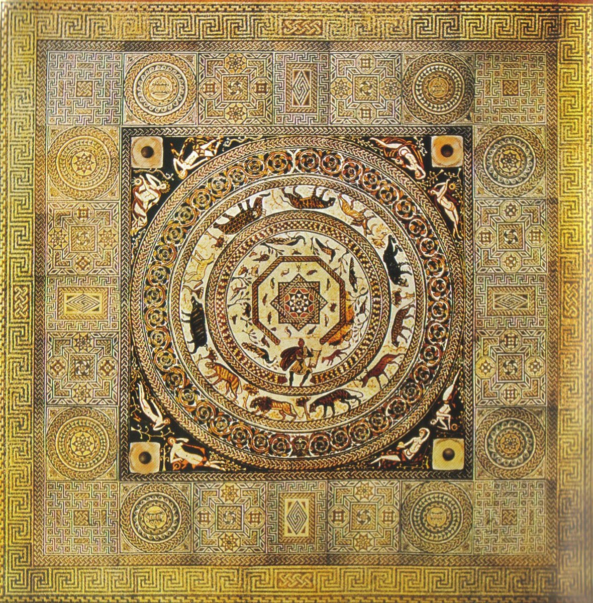 The Orpheus mosaic in Woodchester, Britain. It was created ca. 325 AD and is the second largest Roman mosaic in the world. It depicts the Greek myth of Orpheus attracting wild animals with his lyre.