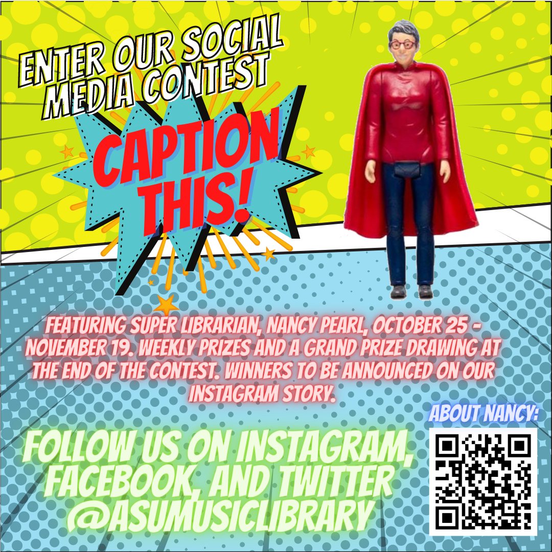 appmusiclibrary's tweet photo. Caption This! Here’s your 2nd photo.
Want a chance to win free stuff? Enter our “Caption This” social media contest featuring super librarian, Nancy Pearl, Oct 25–Nov 19. Follow and submit your comments in the post. Weekly prizes and a grand prize drawing at the end of contest https://t.co/o2ChCT7kUd