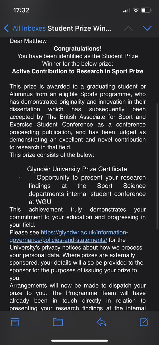 Elated to recieve this earlier from @GlyndwrUni following the successful publication of my Masters dissertation. Going to be presenting at the Sport Science student conference next year. The hard work continues. @GlyndwrResearch @WGUSportDept @basesuk