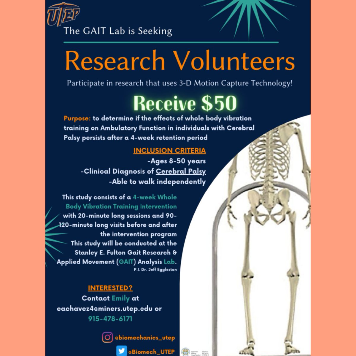 Hello everyone!

We are recruiting individuals with Cerebral Palsy to participate in a research study that examines ambulatory function after a whole-body vibration training intervention! 

Please share!

If you are interested please text/call Emily, or DM us!

#biomechanics