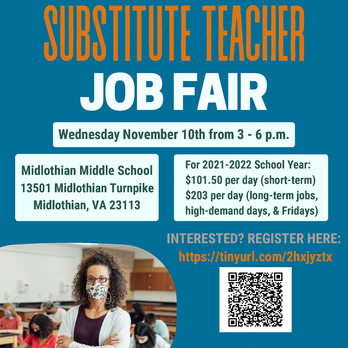 Make a difference in Chesterfield County schools as a substitute teacher.  We have increased pay to $101.50 per day (short-term) and $203 per day (long-term jobs, high-demand days and Fridays). Get details and register for the #oneCCPS #job fair: tinyurl.com/2hxjyztx