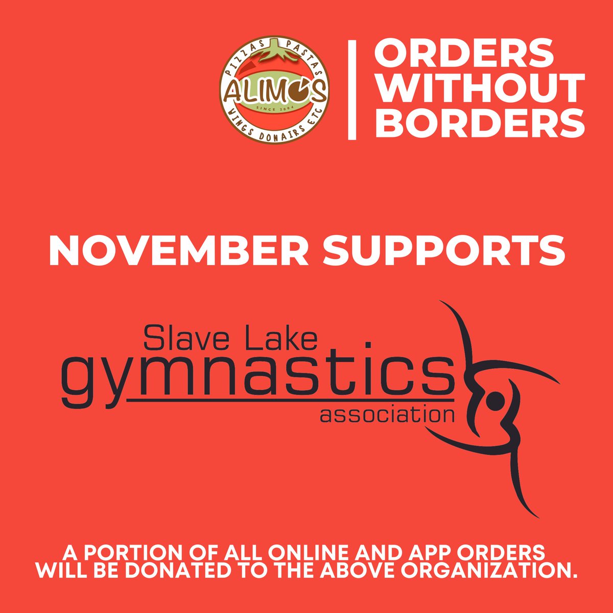 Starting today til the end of the month, a portion of all online and app order purchases will be donated to Slave Lake Gymnastics Association. 

If you don't have the Alimo's app yet, find it on the App Store or Google Play Store by searching Alimo's Pizzeria. 

#slavelake